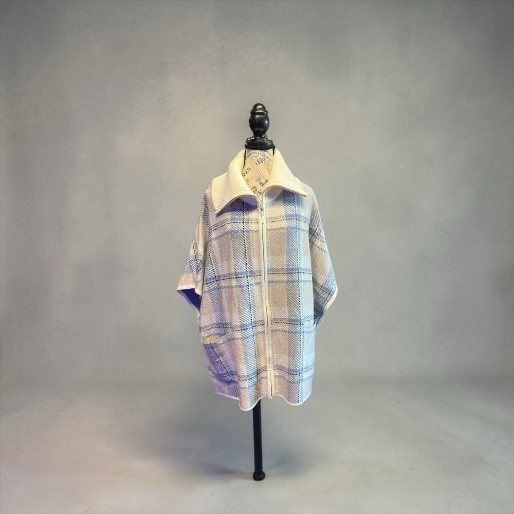 Tahari Blue & Cream Plaid Zip-Front Poncho Cape Sweater - Size S/M